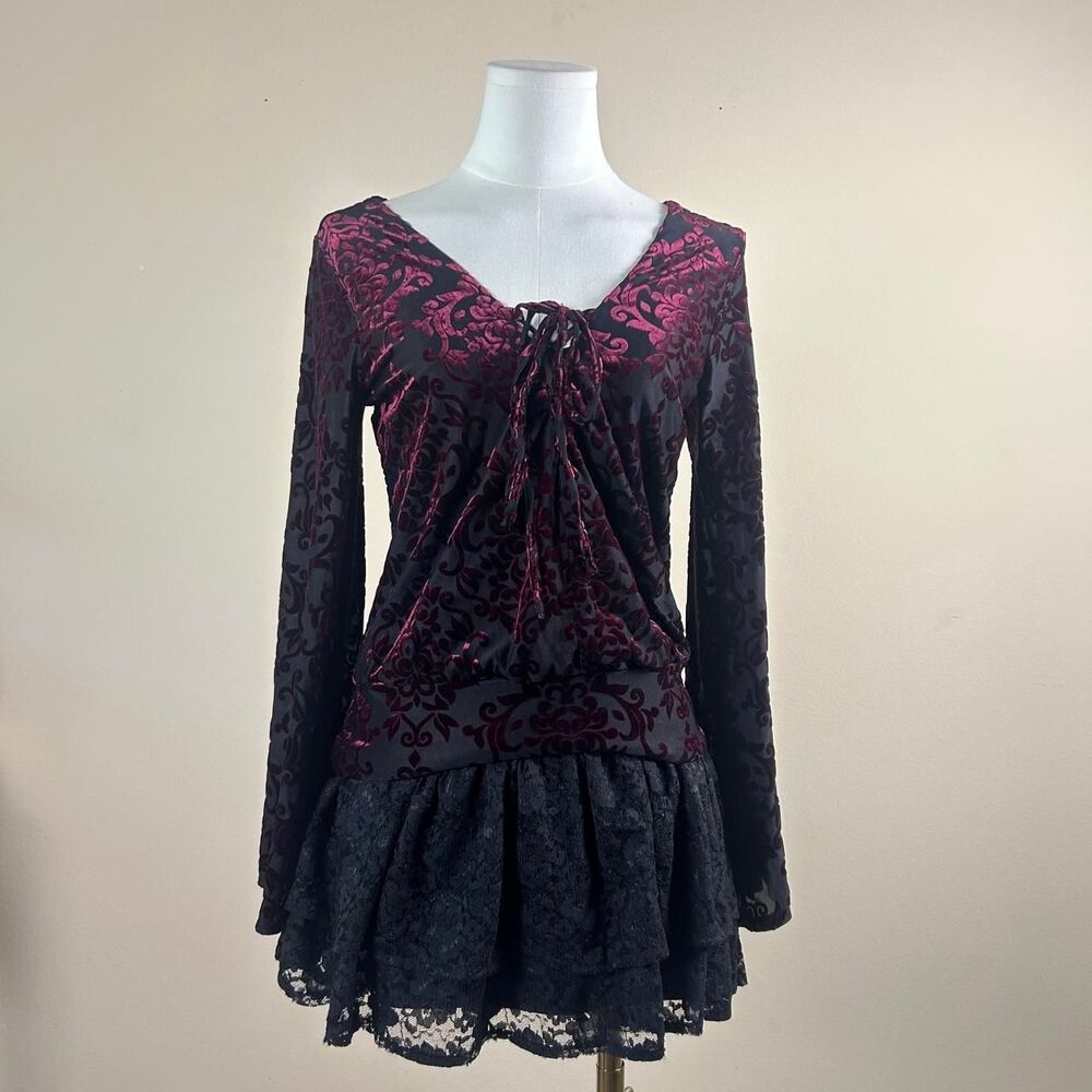 Venus Red and Black Velveteen Whimsigoth Bell Sleeve Top